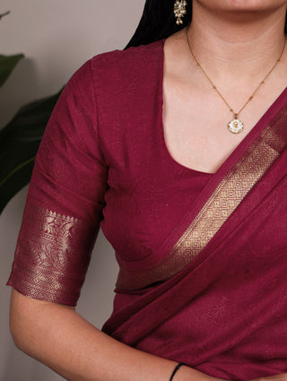 Burgundy Elegant Mass Mello Zari Weaving Saree with Matching Unstitched Blouse – Premium Party & Festive Wear ClothsVilla