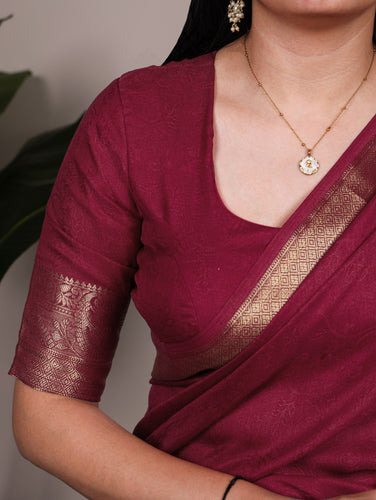 Burgundy Elegant Mass Mello Zari Weaving Saree with Matching Unstitched Blouse – Premium Party & Festive Wear ClothsVilla