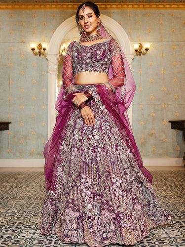 Burgundy Elegant Multi-Color Sequin Embroidered Net Lehenga Choli Dupatta ClothsVilla