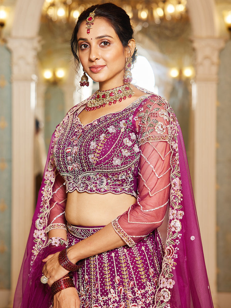 Burgundy Elegant Multi-Color Sequin Embroidered Net Lehenga Choli Dupatta ClothsVilla