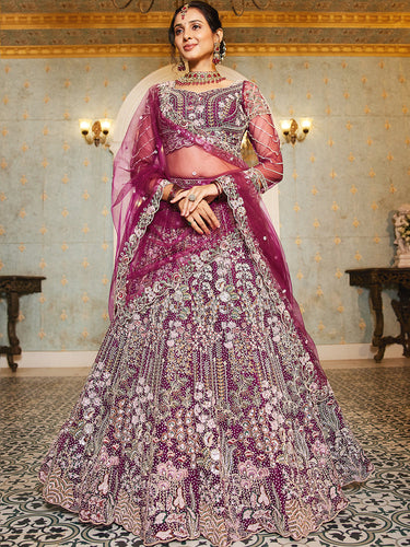 Burgundy Elegant Multi-Color Sequin Embroidered Net Lehenga Choli Dupatta ClothsVilla