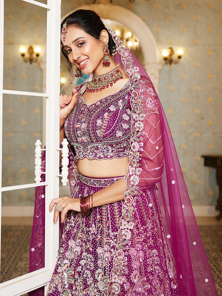 Burgundy Elegant Multi-Color Sequin Embroidered Net Lehenga Choli Dupatta ClothsVilla