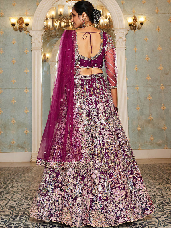 Burgundy Elegant Multi-Color Sequin Embroidered Net Lehenga Choli Dupatta ClothsVilla