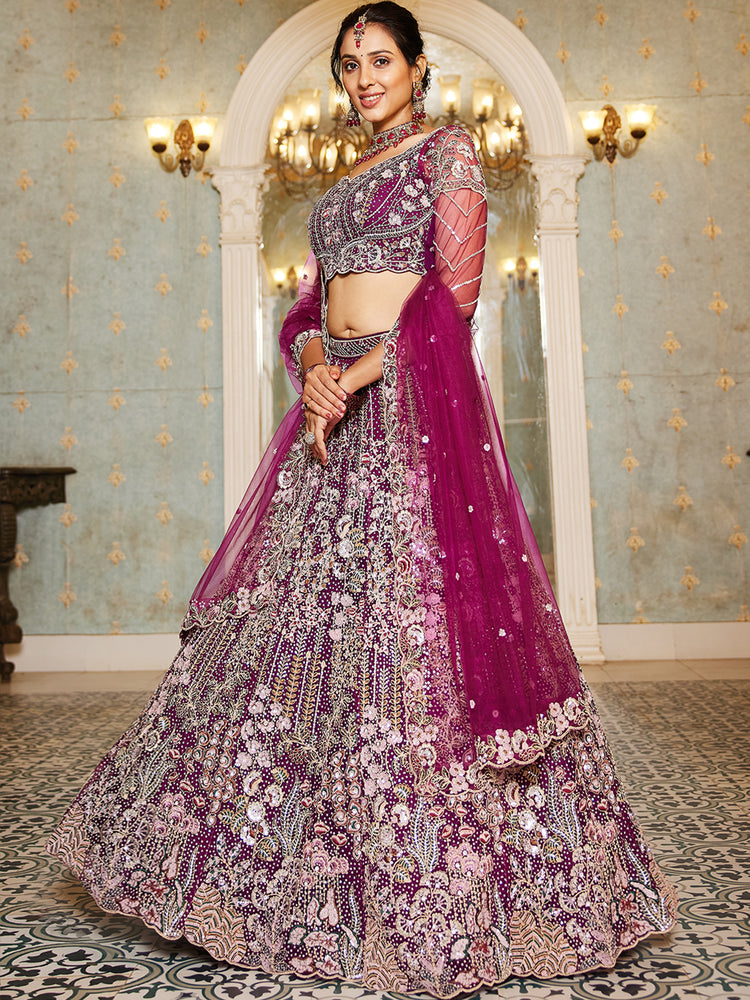 Burgundy Elegant Multi-Color Sequin Embroidered Net Lehenga Choli Dupatta ClothsVilla