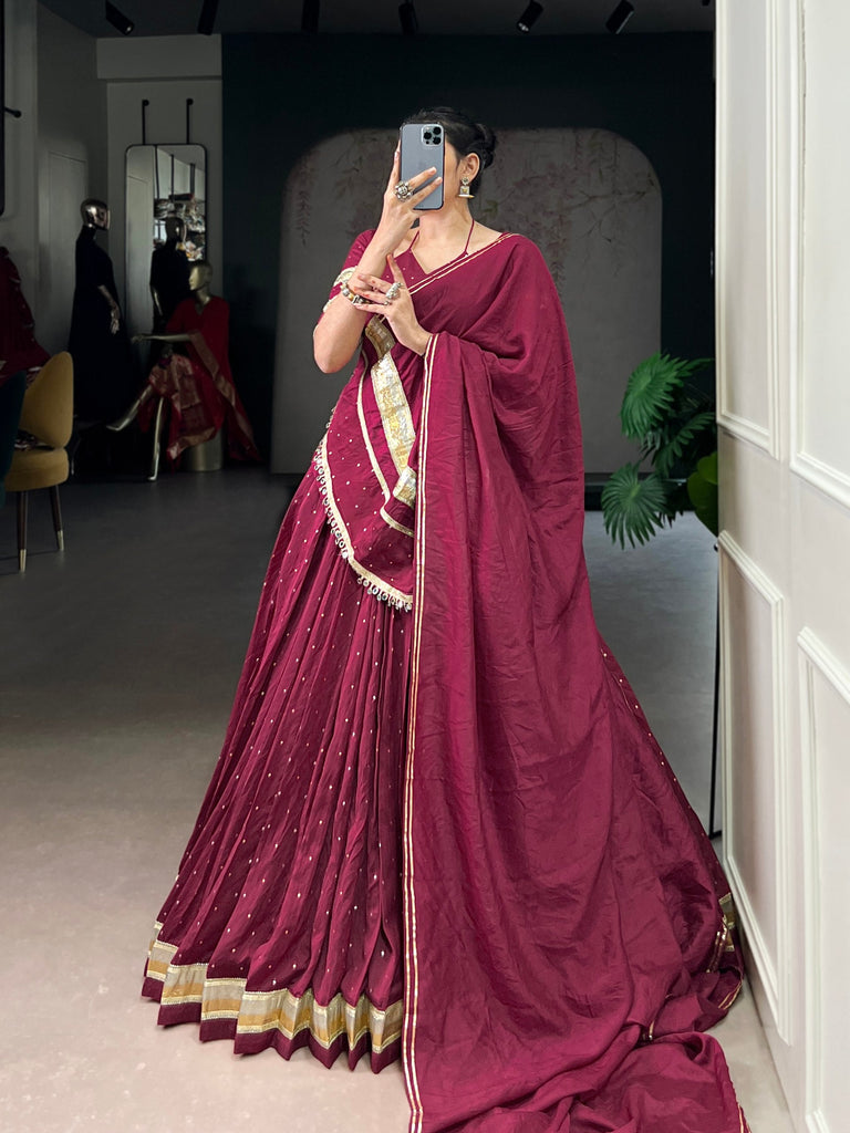 Burgundy Elegant Pure Chanderi Zari Weaving Lehenga Set with Embossed Design & Lace Touch-Up – 6-Meter Flair Stitched Lehenga, Blouse & Dupatta ClothsVilla