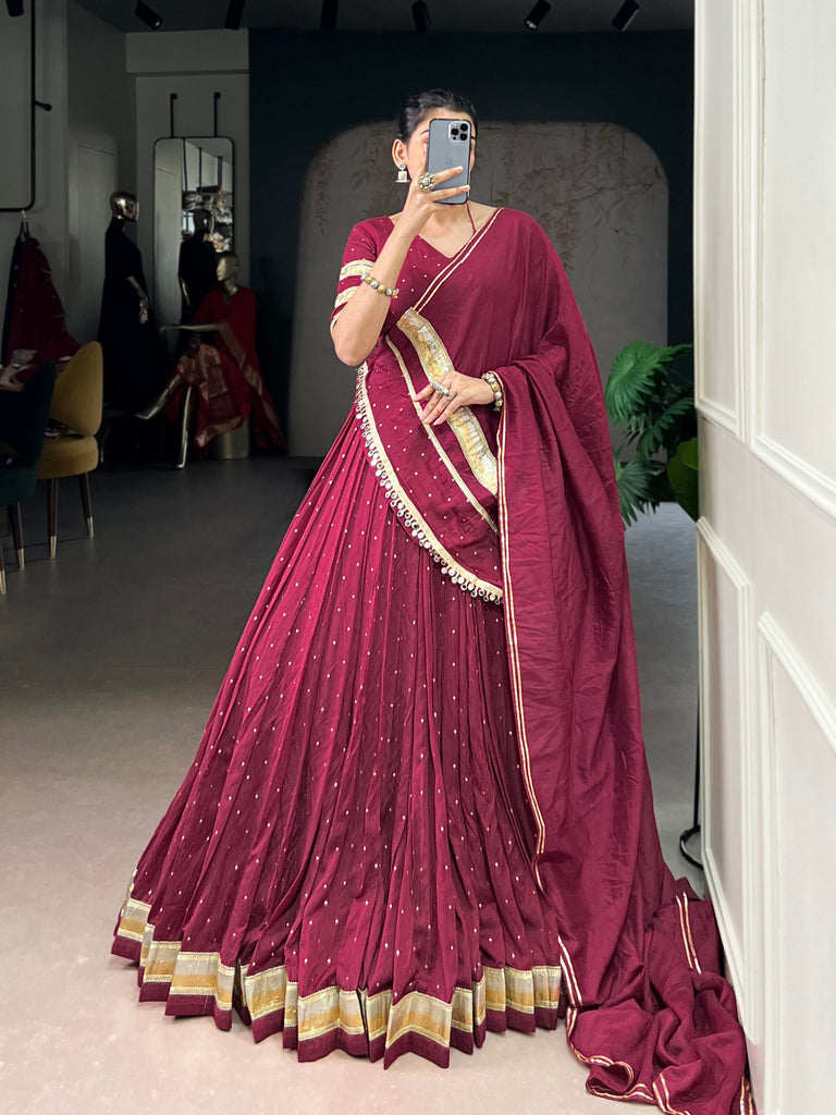 Burgundy Elegant Pure Chanderi Zari Weaving Lehenga Set with Embossed Design & Lace Touch-Up – 6-Meter Flair Stitched Lehenga, Blouse & Dupatta ClothsVilla