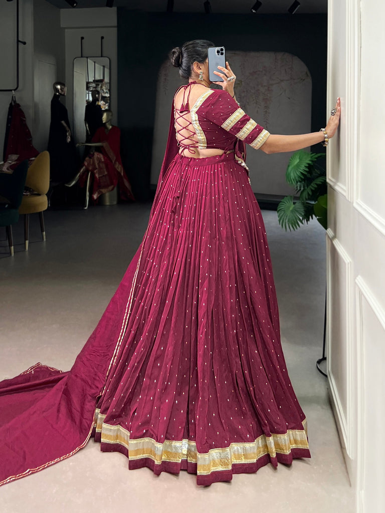Burgundy Elegant Pure Chanderi Zari Weaving Lehenga Set with Embossed Design & Lace Touch-Up – 6-Meter Flair Stitched Lehenga, Blouse & Dupatta ClothsVilla