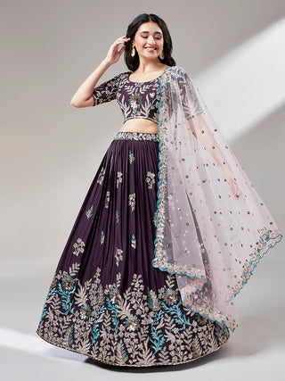 Burgundy Georgette Sequinse embroidery Semi-Stitched Lehenga choli & Dupatta Clothsvilla