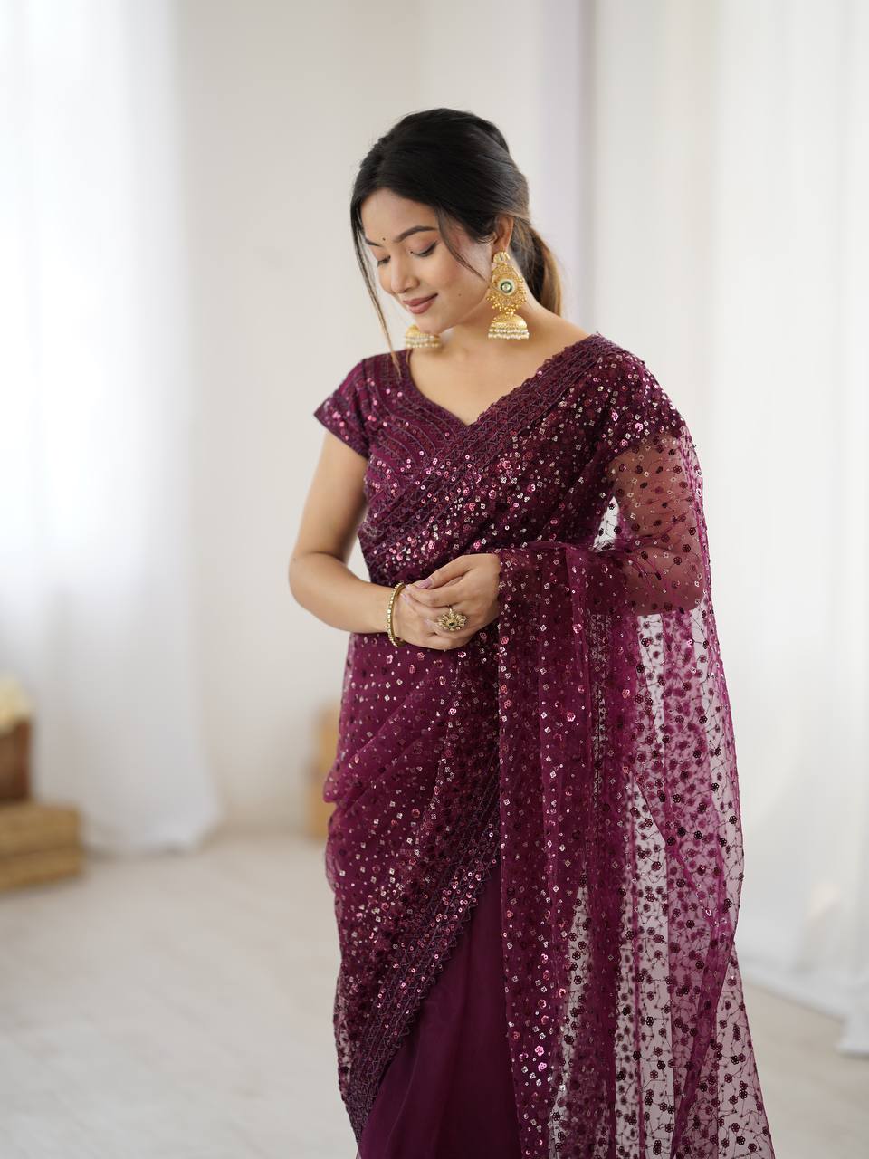 Burgundy Glitter Glamour and Everything in Between  Mesmerizing Net Saree Set Clothsvilla