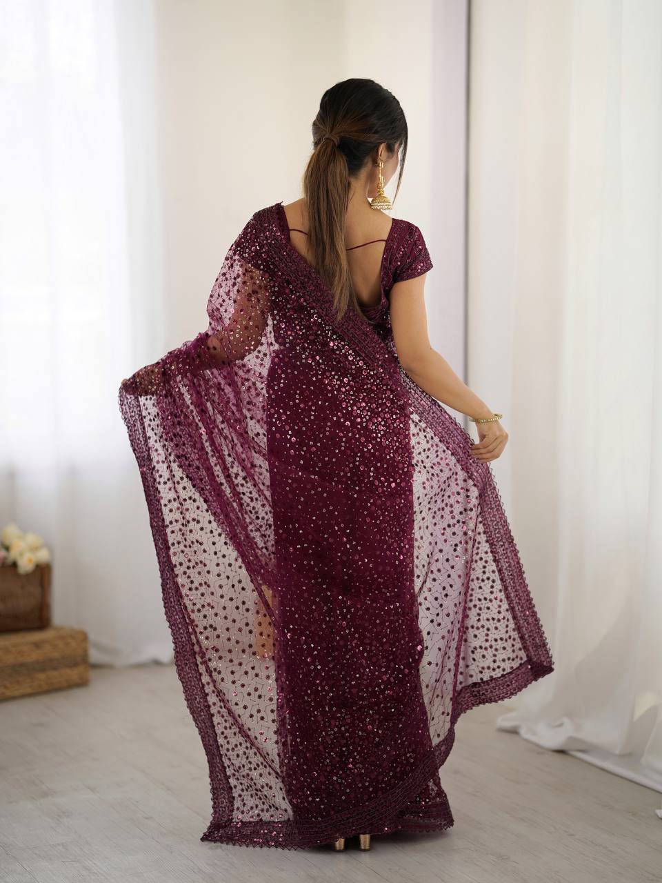 Burgundy Glitter Glamour and Everything in Between  Mesmerizing Net Saree Set Clothsvilla