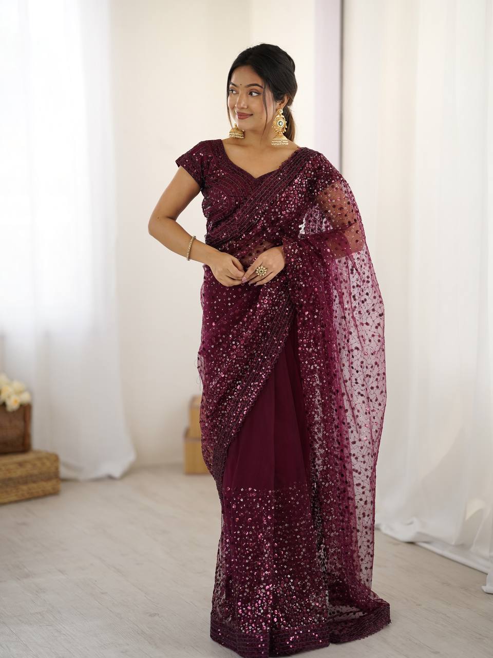 Burgundy Glitter Glamour and Everything in Between  Mesmerizing Net Saree Set Secondary image