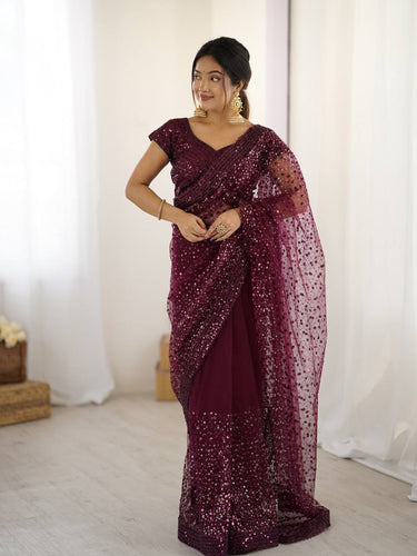 Burgundy Glitter Glamour and Everything in Between  Mesmerizing Net Saree Set Clothsvilla