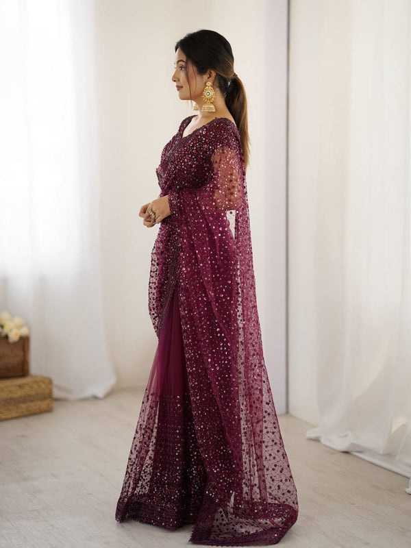 Burgundy Glitter Glamour and Everything in Between  Mesmerizing Net Saree Set Clothsvilla