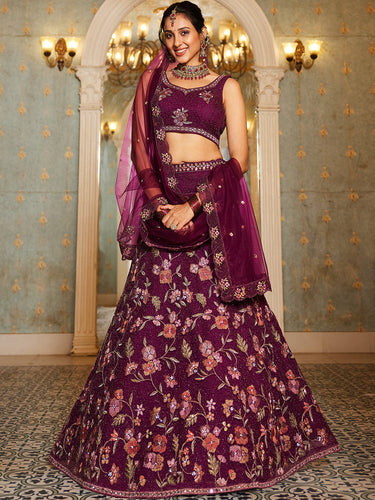 Burgundy Gorgeous Net Lehenga Choli Set with Heavy Sequins and Thread Embroidery ClothsVilla