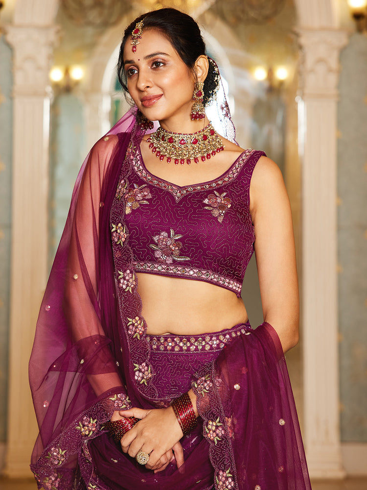 Burgundy Gorgeous Net Lehenga Choli Set with Heavy Sequins and Thread Embroidery ClothsVilla