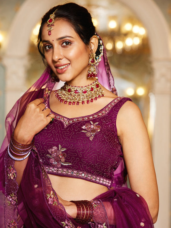 Burgundy Gorgeous Net Lehenga Choli Set with Heavy Sequins and Thread Embroidery ClothsVilla
