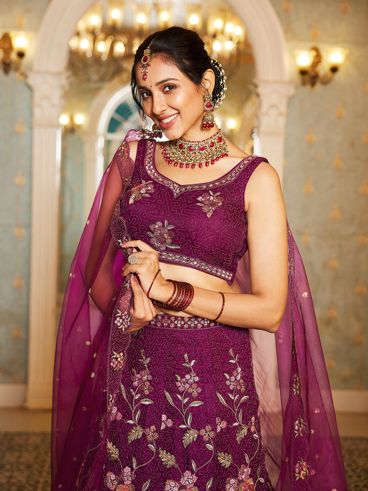 Burgundy Gorgeous Net Lehenga Choli Set with Heavy Sequins and Thread Embroidery ClothsVilla