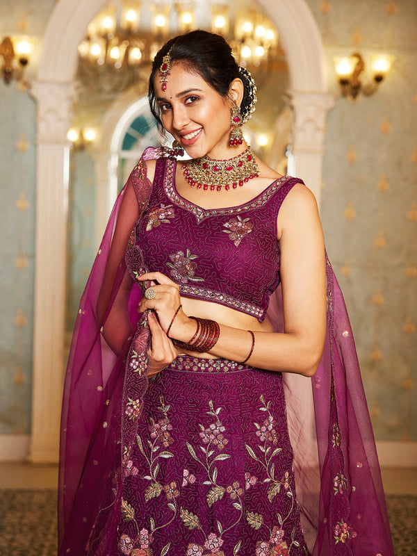 Burgundy Gorgeous Net Lehenga Choli Set with Heavy Sequins and Thread Embroidery ClothsVilla