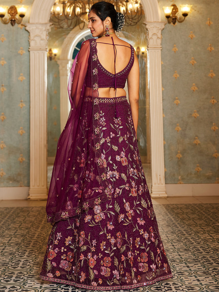 Burgundy Gorgeous Net Lehenga Choli Set with Heavy Sequins and Thread Embroidery ClothsVilla
