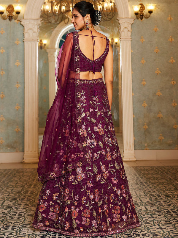 Burgundy Gorgeous Net Lehenga Choli Set with Heavy Sequins and Thread Embroidery ClothsVilla
