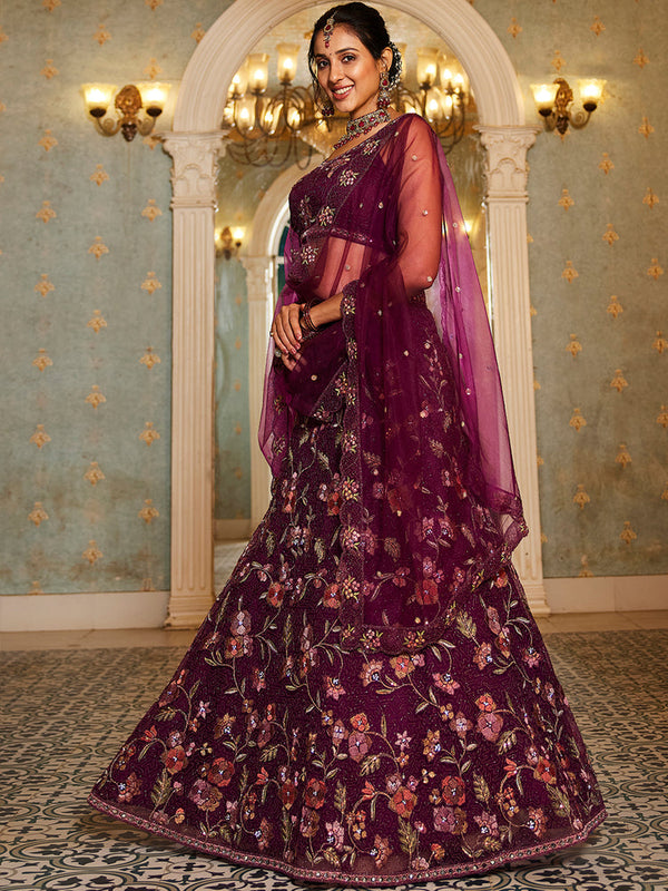 Burgundy Gorgeous Net Lehenga Choli Set with Heavy Sequins and Thread Embroidery ClothsVilla