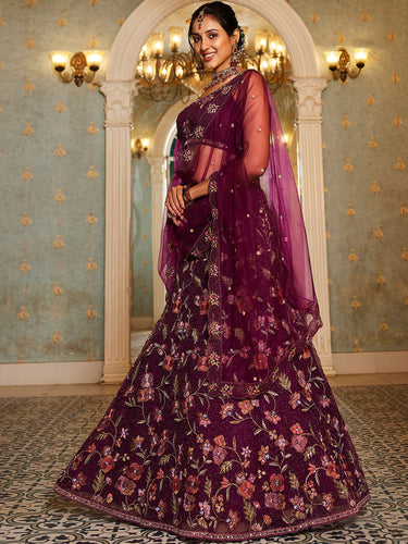 Burgundy Gorgeous Net Lehenga Choli Set with Heavy Sequins and Thread Embroidery ClothsVilla