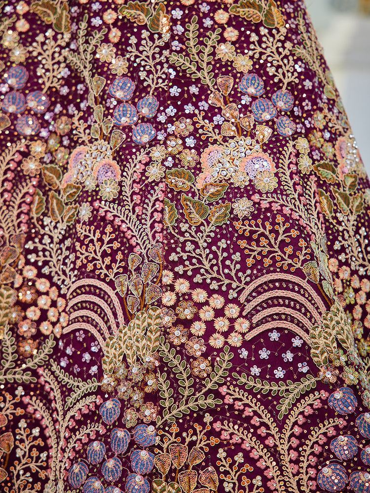 Burgundy Multi-Color Sequin Embroidered Net Lehenga Choli Dupatta Set ClothsVilla