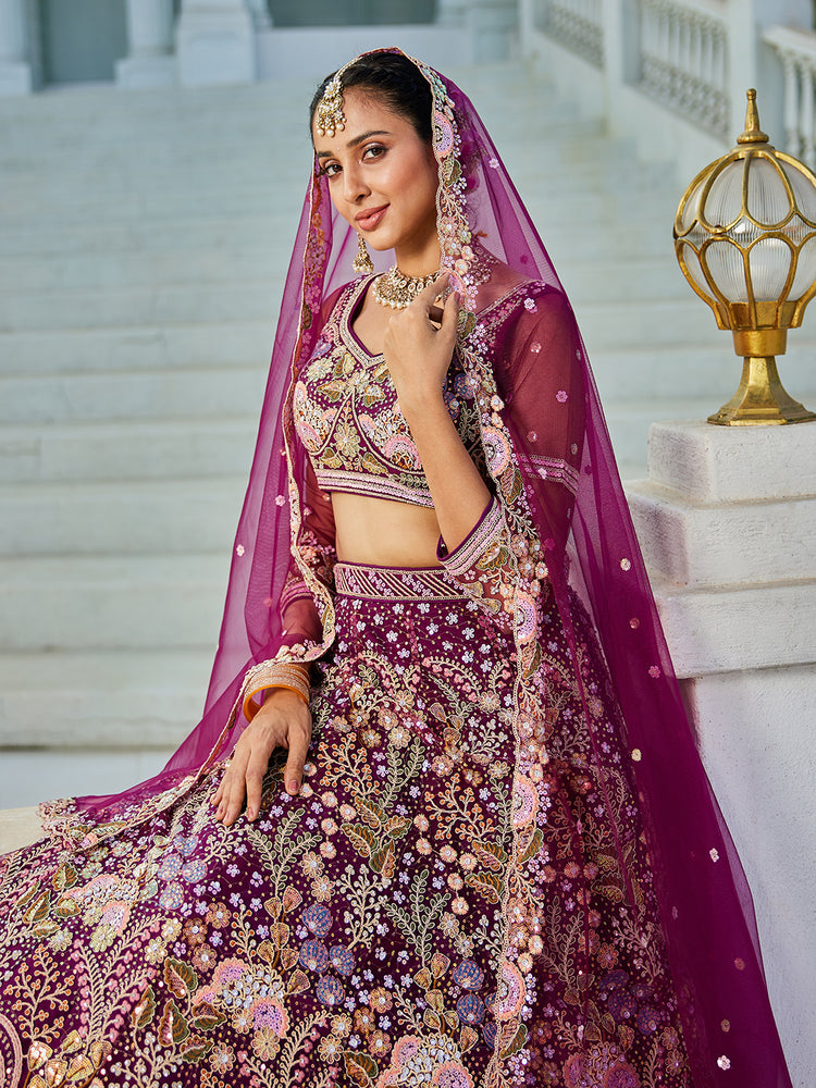 Burgundy Multi-Color Sequin Embroidered Net Lehenga Choli Dupatta Set ClothsVilla