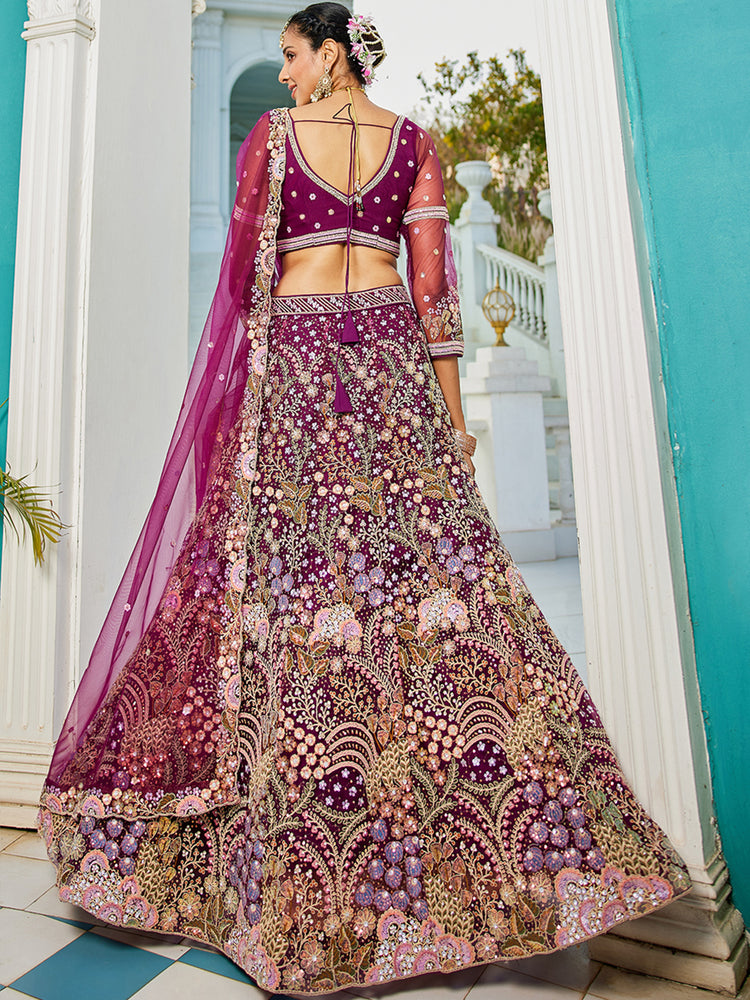 Burgundy Multi-Color Sequin Embroidered Net Lehenga Choli Dupatta Set ClothsVilla