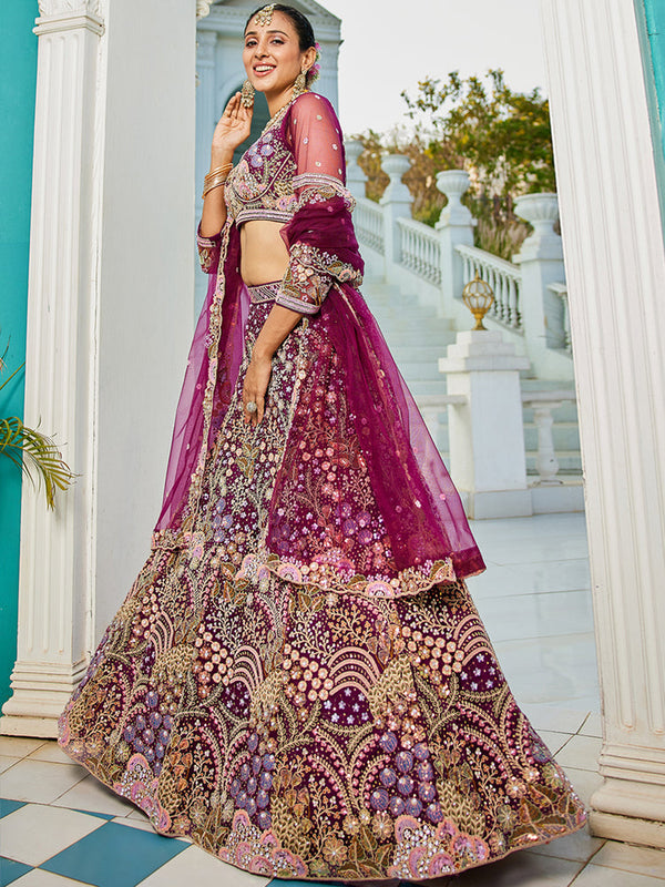 Burgundy Multi-Color Sequin Embroidered Net Lehenga Choli Dupatta Set ClothsVilla