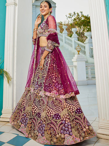 Burgundy Multi-Color Sequin Embroidered Net Lehenga Choli Dupatta Set ClothsVilla