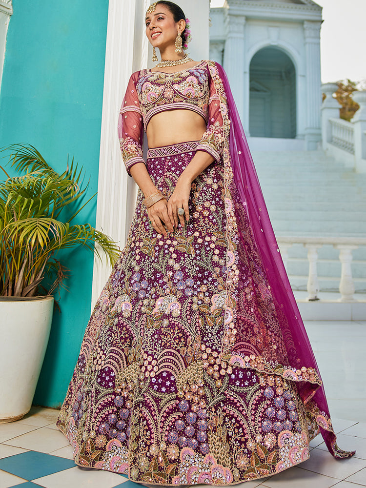 Burgundy Multi-Color Sequin Embroidered Net Lehenga Choli Dupatta Set ClothsVilla