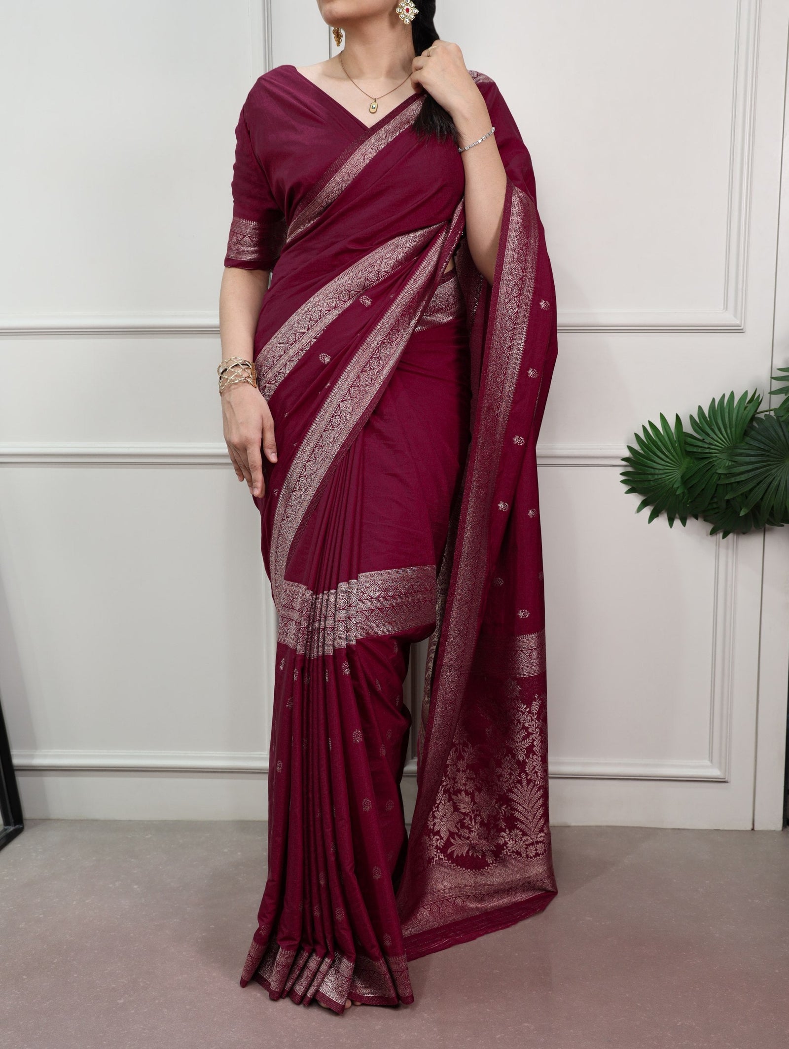 Burgundy Mysore Zari Weaving Saree ClothsVilla