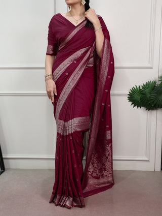 Burgundy Mysore Zari Weaving Saree ClothsVilla