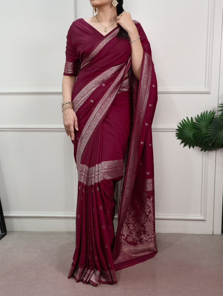 Burgundy Mysore Zari Weaving Saree ClothsVilla