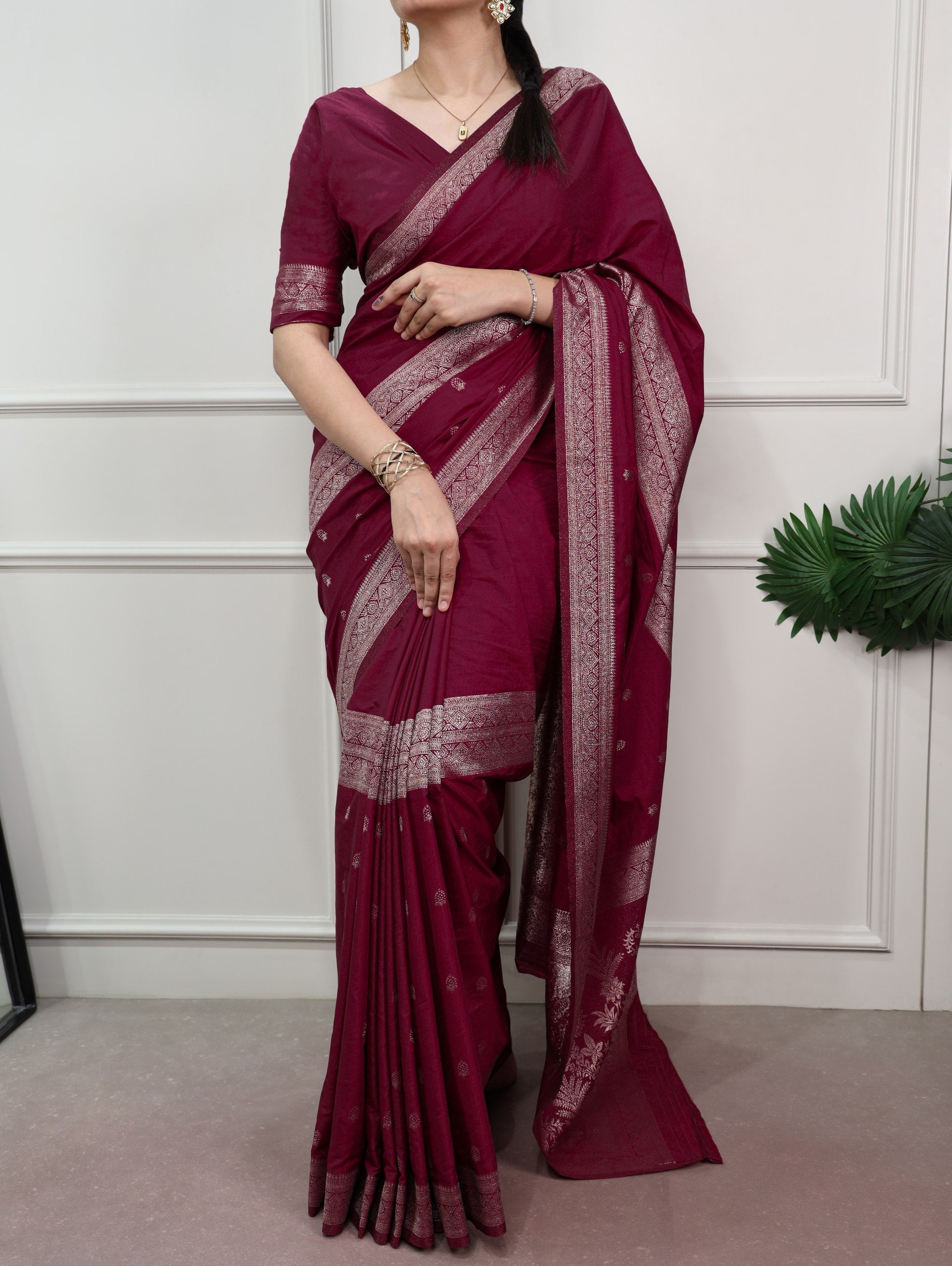 Burgundy Mysore Zari Weaving Saree ClothsVilla Main image