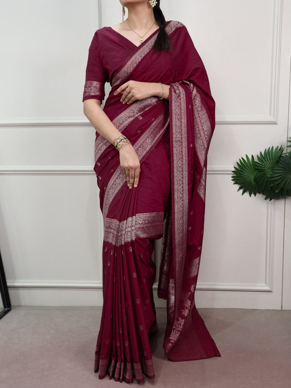 Burgundy Mysore Zari Weaving Saree ClothsVilla