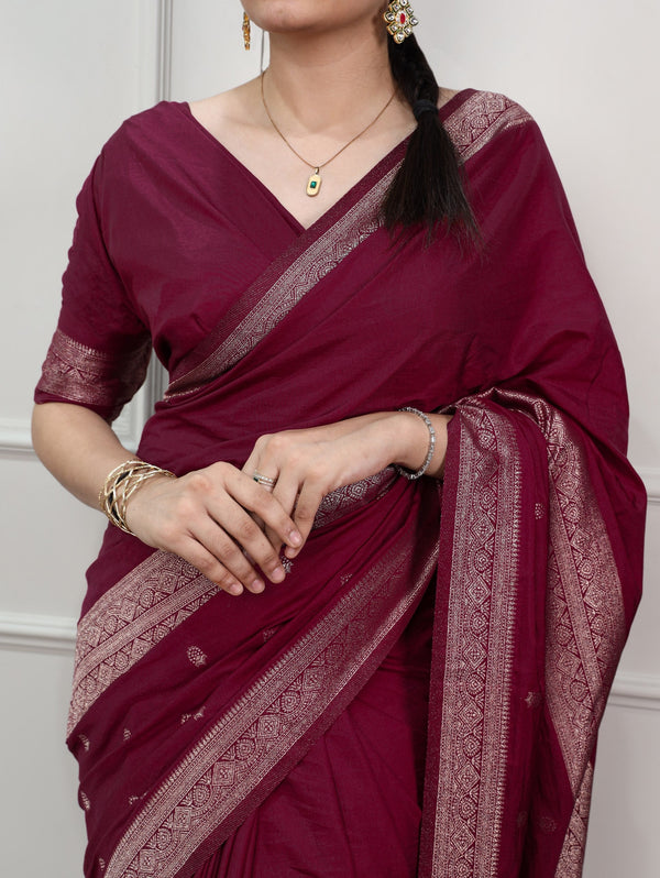 Burgundy Mysore Zari Weaving Saree ClothsVilla