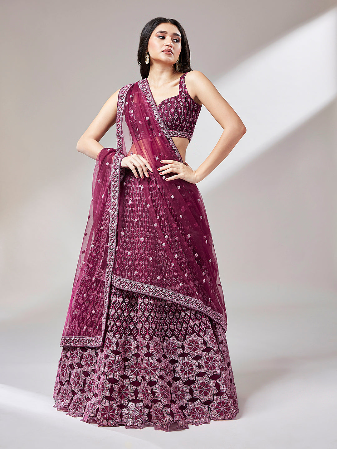 Burgundy Net heavy Sequinse embroidery Semi-Stitched Lehenga choli & Dupatta Clothsvilla