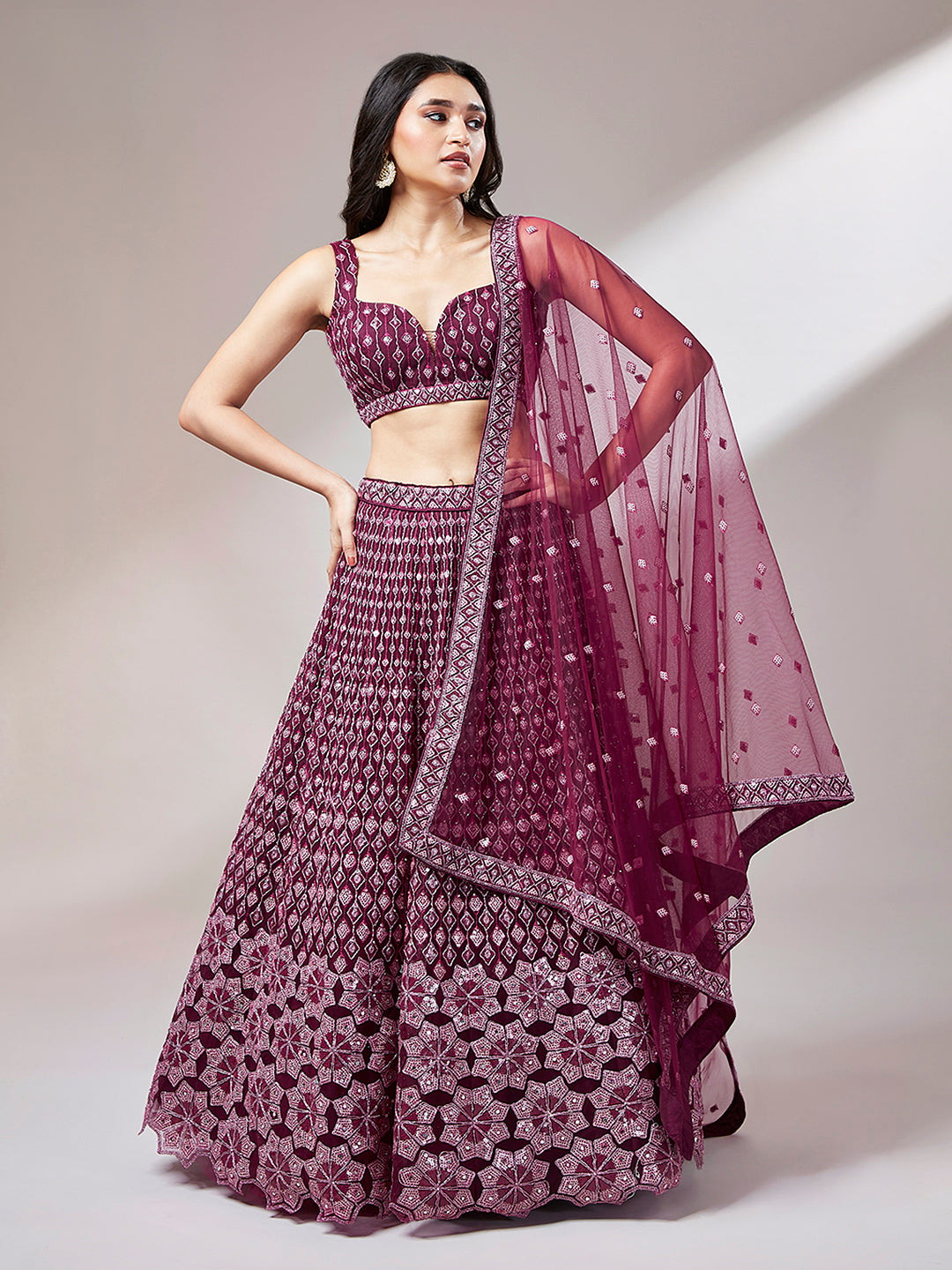 Burgundy Net heavy Sequinse embroidery Semi-Stitched Lehenga choli & Dupatta Clothsvilla
