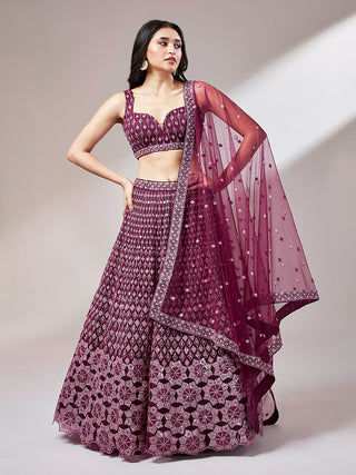 Burgundy Net heavy Sequinse embroidery Semi-Stitched Lehenga choli & Dupatta Clothsvilla