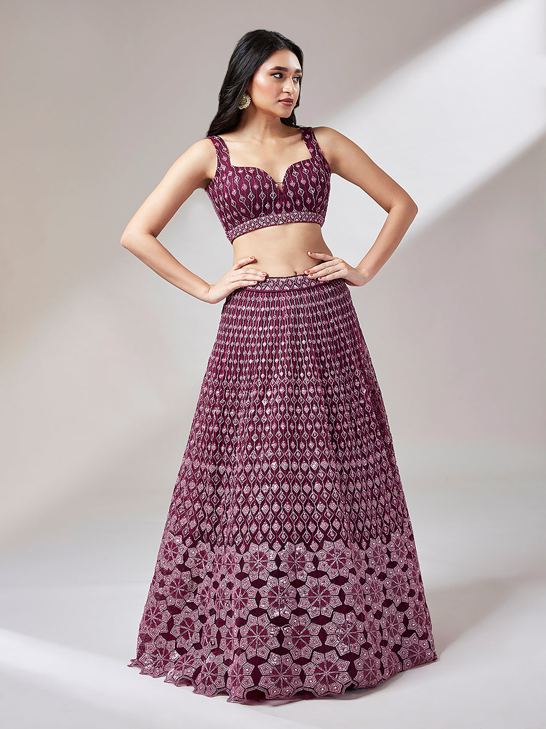 Burgundy Net heavy Sequinse embroidery Semi-Stitched Lehenga choli & Dupatta Clothsvilla