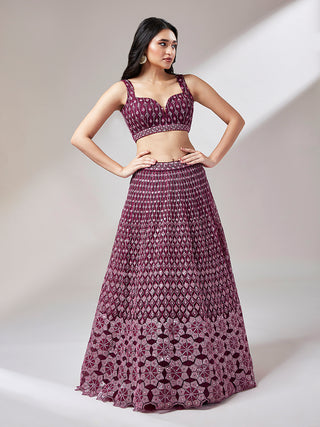 Burgundy Net heavy Sequinse embroidery Semi-Stitched Lehenga choli & Dupatta Clothsvilla