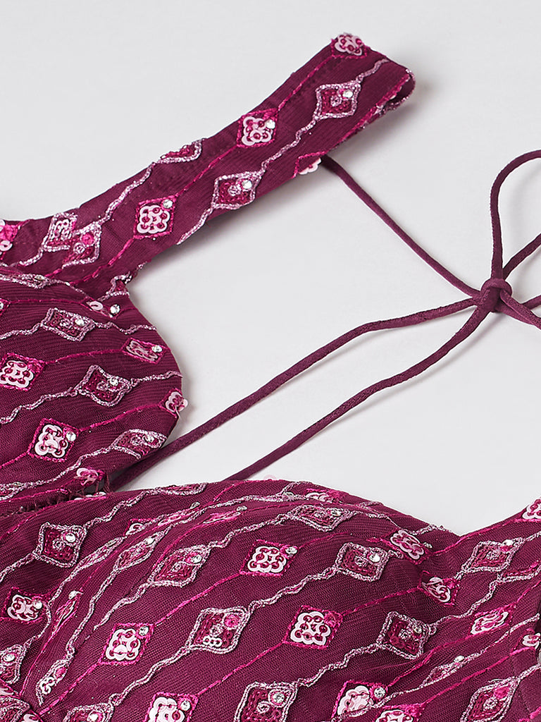 Burgundy Net heavy Sequinse embroidery Semi-Stitched Lehenga choli & Dupatta Clothsvilla