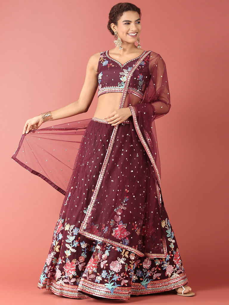 Burgundy Net Multi colour Thread & Sequinse Work Semi-Stitched Lehenga & Unstitched Blouse, Dupatta Clothsvilla