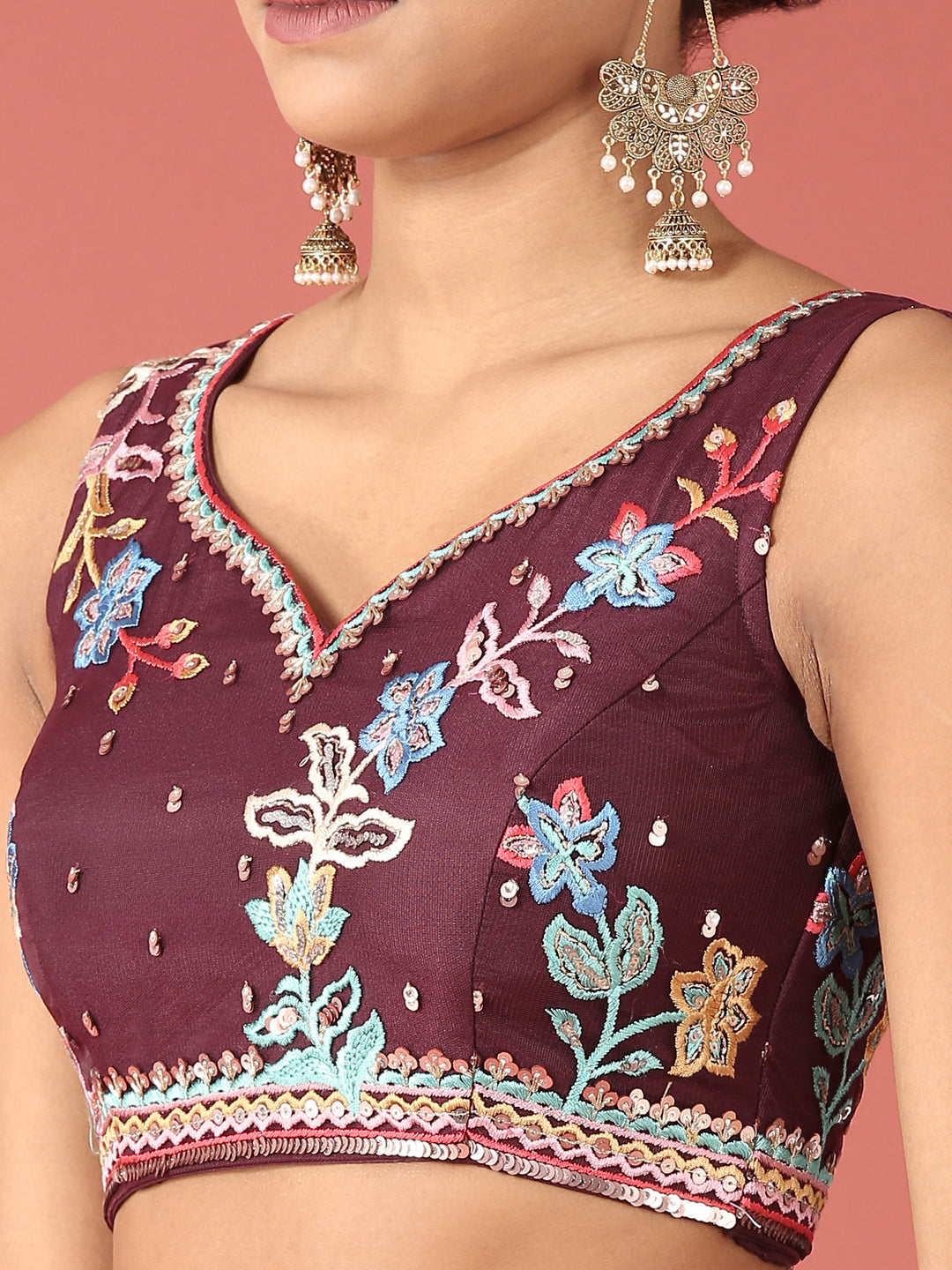 Burgundy Net Multi colour Thread & Sequinse Work Semi-Stitched Lehenga & Unstitched Blouse, Dupatta Clothsvilla