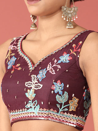 Burgundy Net Multi colour Thread & Sequinse Work Semi-Stitched Lehenga & Unstitched Blouse, Dupatta Clothsvilla