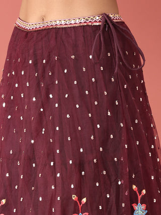 Burgundy Net Multi colour Thread & Sequinse Work Semi-Stitched Lehenga & Unstitched Blouse, Dupatta Clothsvilla