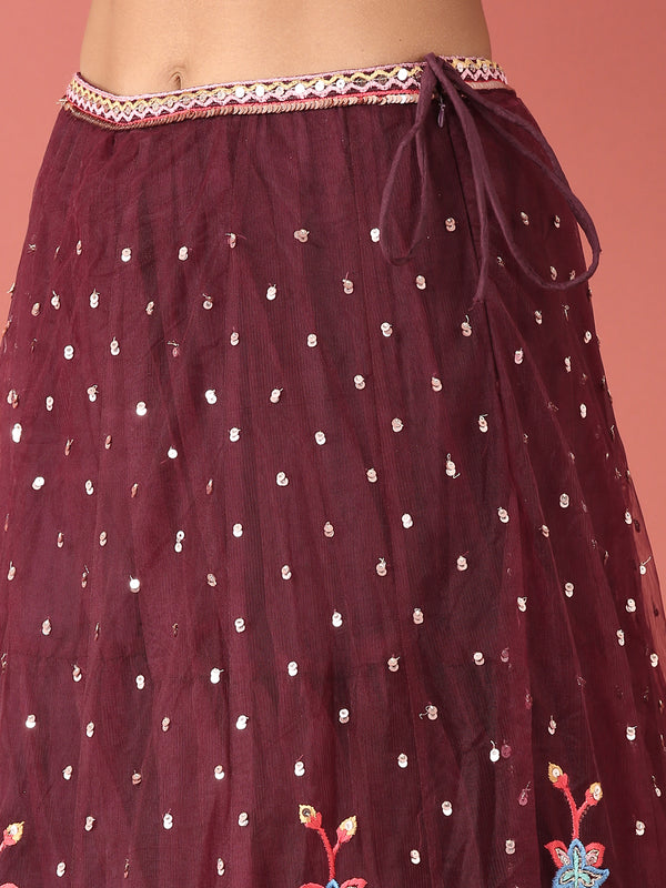 Burgundy Net Multi colour Thread & Sequinse Work Semi-Stitched Lehenga & Unstitched Blouse, Dupatta Clothsvilla