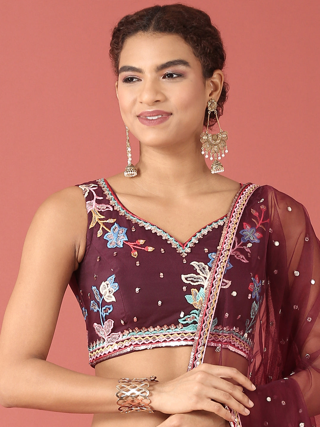 Burgundy Net Multi colour Thread & Sequinse Work Semi-Stitched Lehenga & Unstitched Blouse, Dupatta Clothsvilla